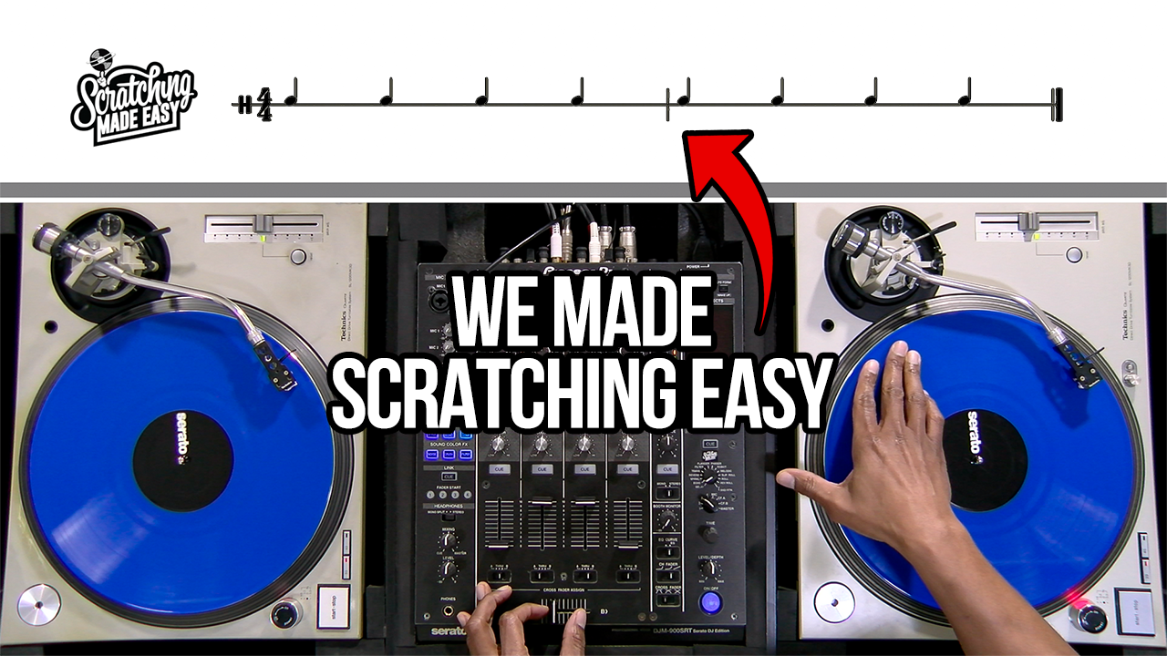 Scratch notation system using standard musical notation for the Baby Scratch on a turntable and mixer beneath 4/4 rhythm notation