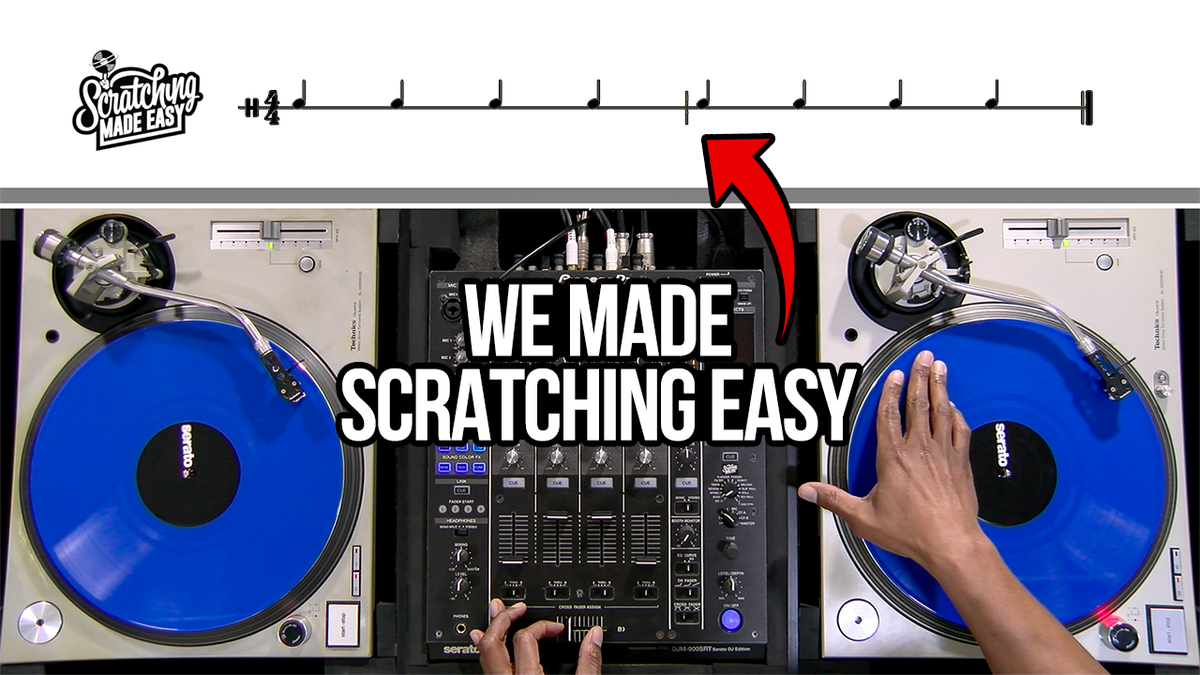 Scratch notation system using standard musical notation for the Baby Scratch on a turntable and mixer beneath 4/4 rhythm notation