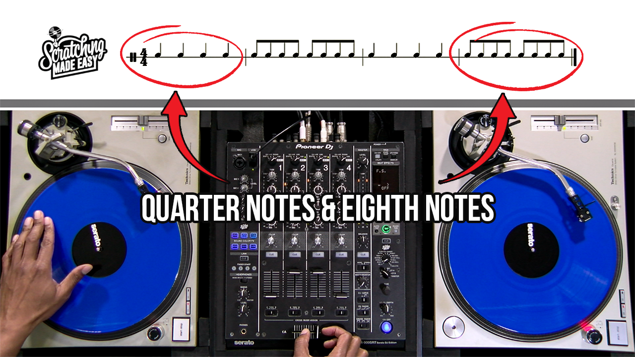Baby Scratch performed on a turntable and mixer beneath quarter-note and eighth-note notation, with an arrow connecting the written rhythm to the DJ setup