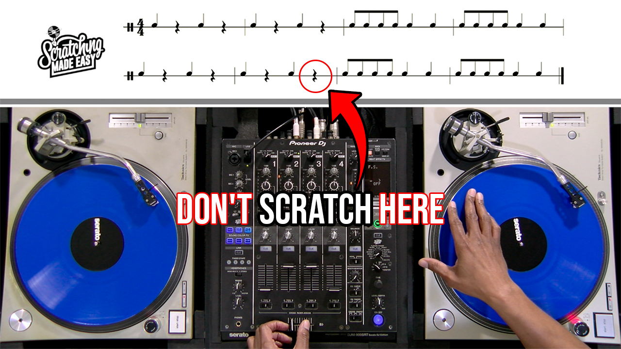 Baby Scratch performed on a turntable and mixer beneath quarter-note and eighth-note notation with quarter rests, with an arrow connecting the written rhythm to the DJ setup