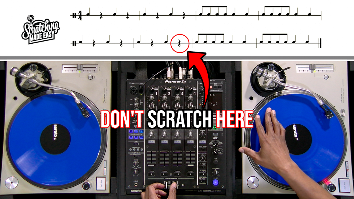 Baby Scratch performed on a turntable and mixer beneath quarter-note and eighth-note notation with quarter rests, with an arrow connecting the written rhythm to the DJ setup