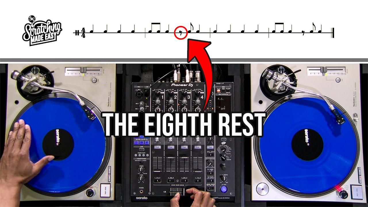 Baby Scratch performed on a turntable and mixer beneath quarter-note and eighth-note notation with eighth rests, with an arrow connecting the written rhythm to the DJ setup