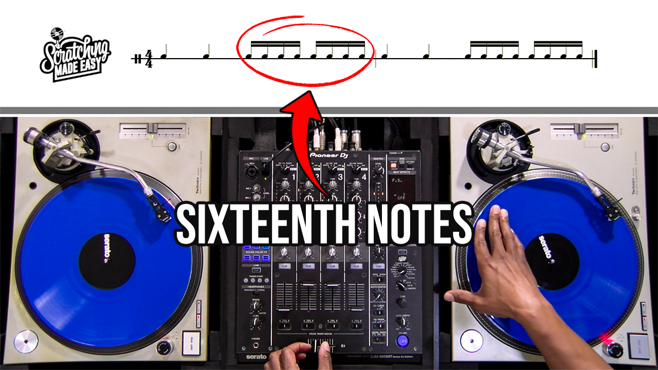 Baby Scratch performed on a turntable and mixer beneath quarter-note and sixteenth-note notation, with an arrow connecting the written rhythm to the DJ setup