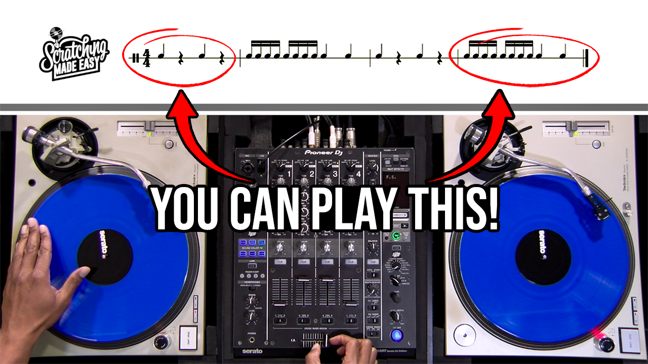 Baby Scratch performed on a turntable and mixer beneath mixed rhythmic notation, with an arrow connecting the written rhythm to the DJ setup