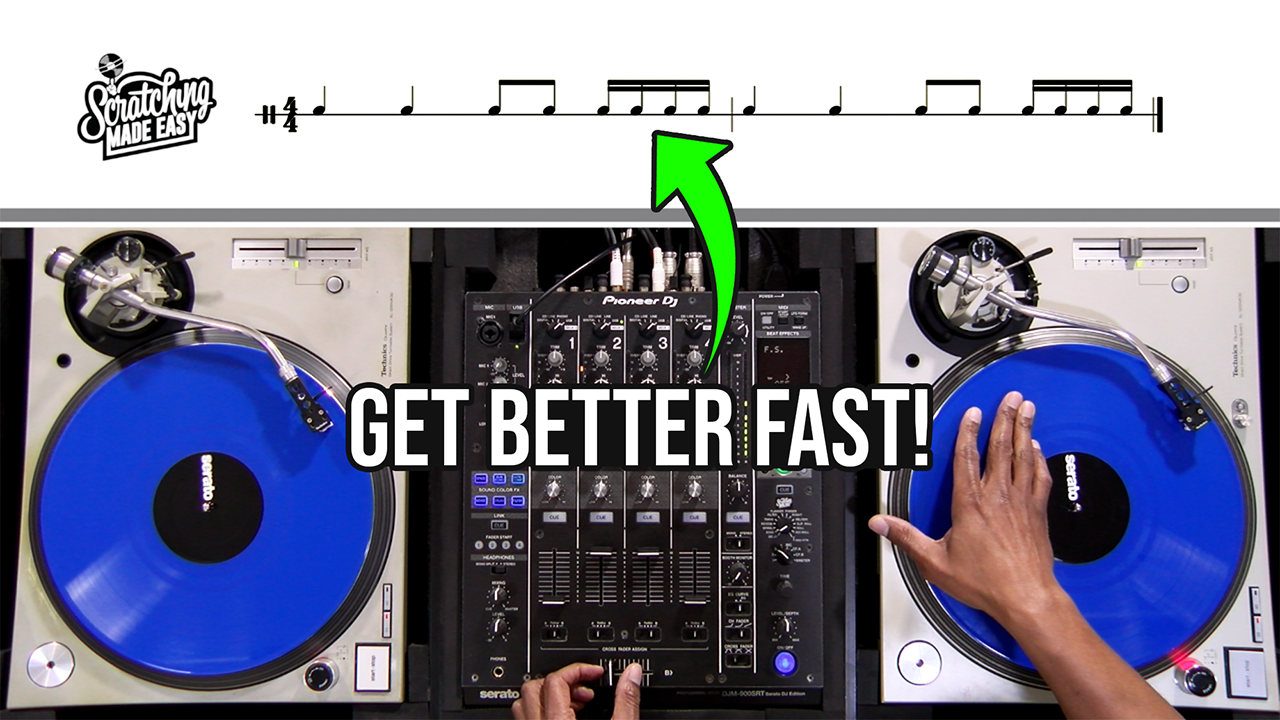 Baby Scratch performed on a turntable and mixer beneath quarter-note, eighth-note, and sixteenth-note notation, with an arrow connecting the written rhythm to the DJ setup