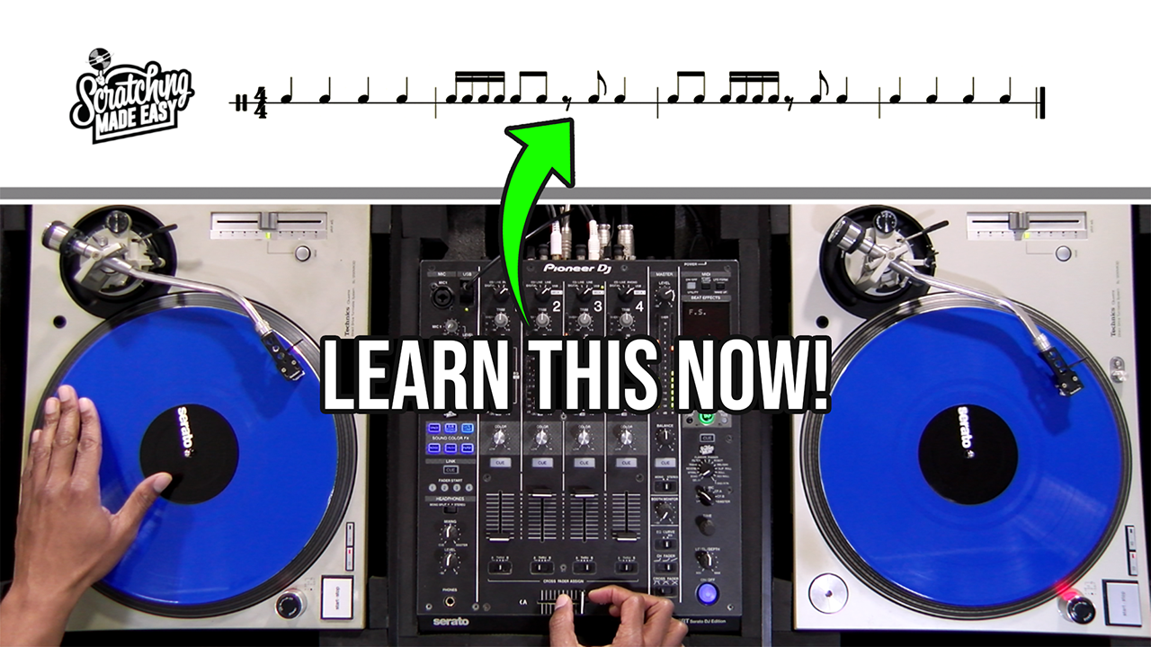 Baby Scratch performed on a turntable and mixer beneath quarter-note, eighth-note, and sixteenth-note notation with eighth rests, with an arrow connecting the written rhythm to the DJ setup