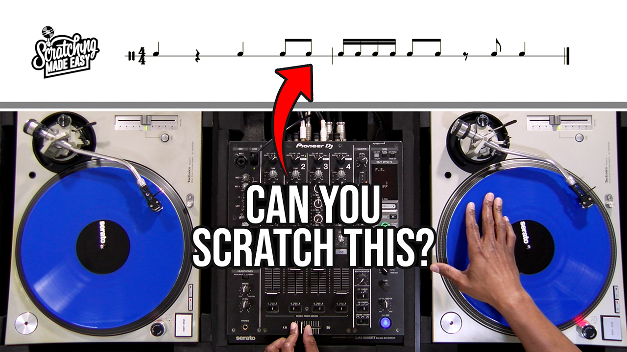 Baby Scratch performed on a turntable and mixer beneath 4/4 notation using quarter notes, eighth notes, sixteenth notes, quarter rests, and eighth rests, with an arrow connecting the written rhythm to the DJ setup.