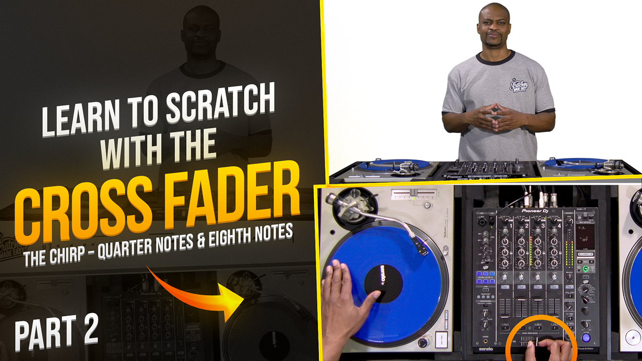 DJ demonstrating the Chirp with a turntable and mixer, with text highlighting crossfader use