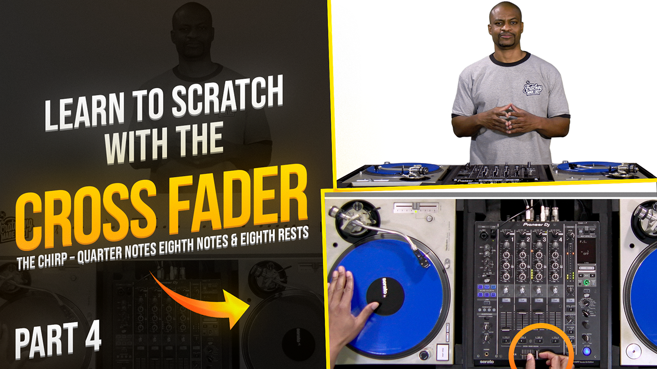 Instructor standing behind two turntables and a mixer, with close-up views of hands on a blue record and the crossfader.