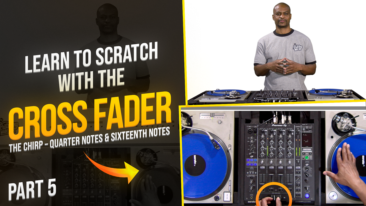 DJ demonstrating the Chirp with a turntable, mixer, and crossfader
