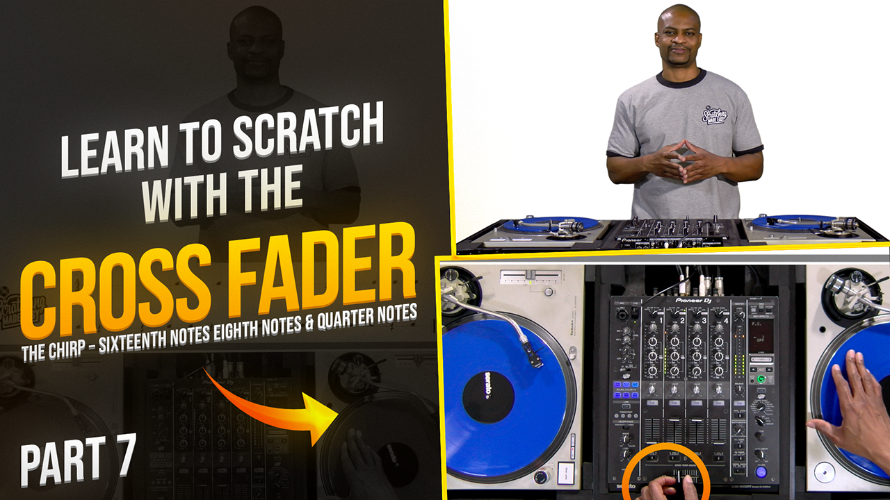 DJ standing behind two turntables and a mixer, with text about scratching with the crossfader and a close-up highlighting the crossfader