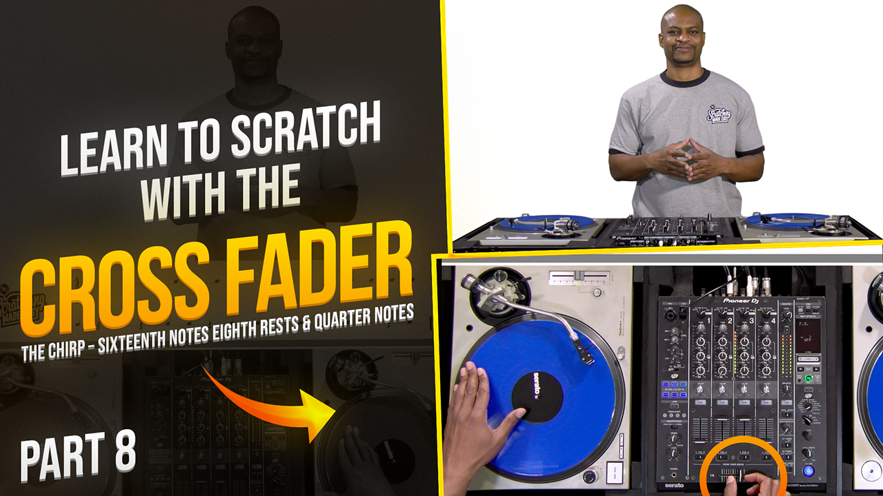 DJ demonstrating the Chirp with two turntables and a mixer, with a close-up of hands on the record and crossfader