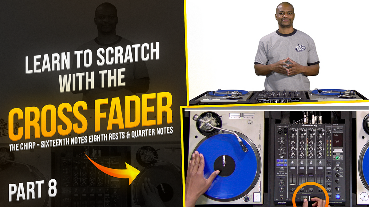 DJ demonstrating the Chirp with two turntables and a mixer, with a close-up of hands on the record and crossfader