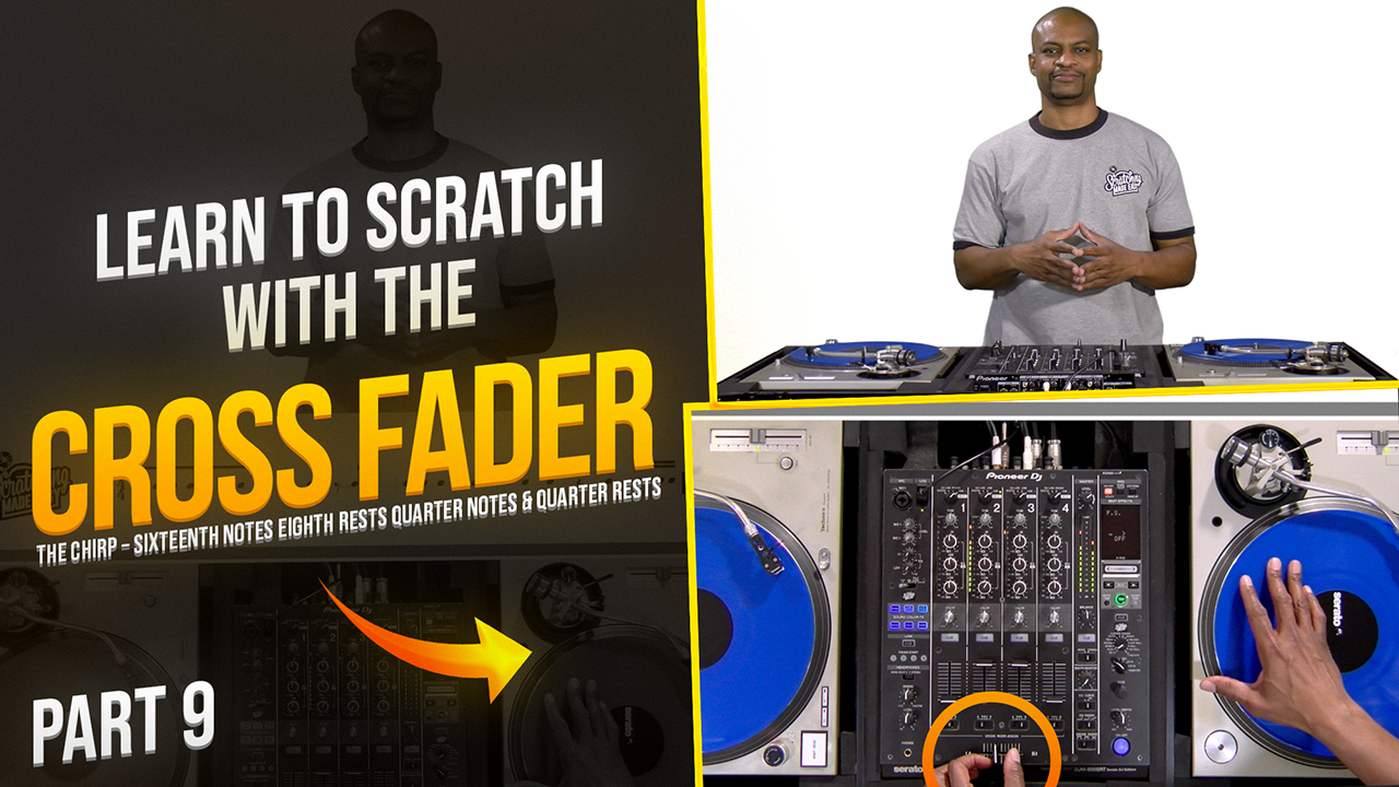 DJ standing behind two turntables and a mixer, with close-ups of the crossfader and record hand