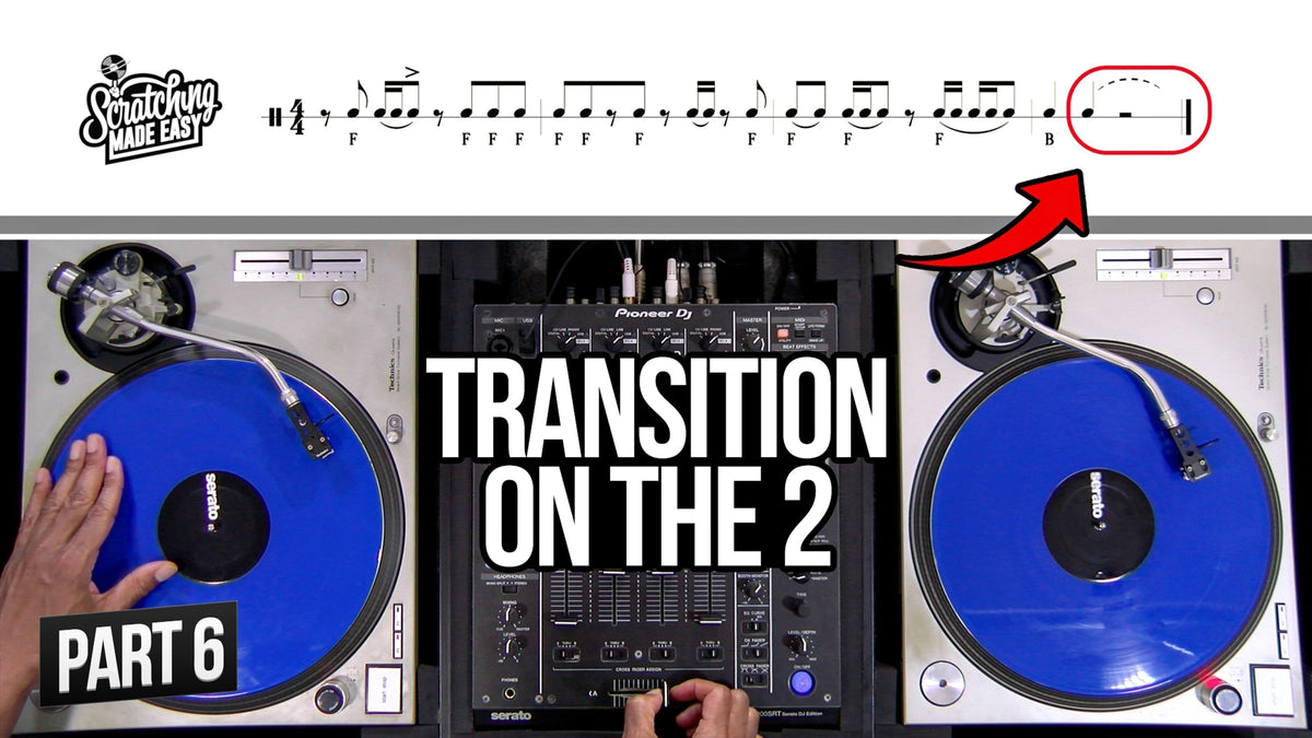 Scratch notation system using standard musical notation for the baby scratch and stab, with eighth-note and sixteenth-note notation above a turntable and mixer and an arrow pointing to the written rhythm
