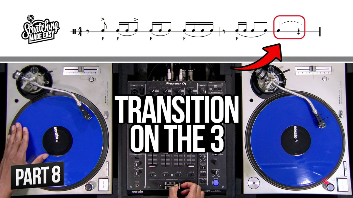 Scratch notation system using standard musical notation for Baby Scratch and Stab, with a transition on beat 3