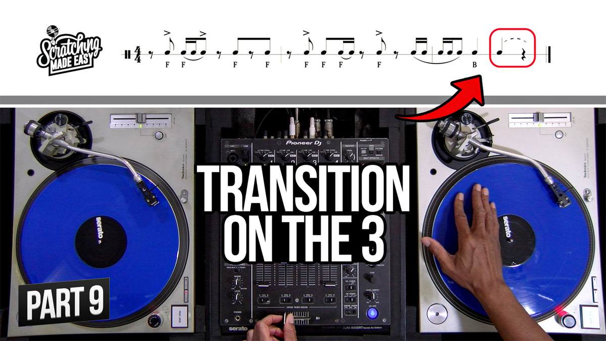Scratch notation system using standard musical notation for Stab and Baby Scratch, with a turntable, mixer, and arrow pointing to the written rhythm