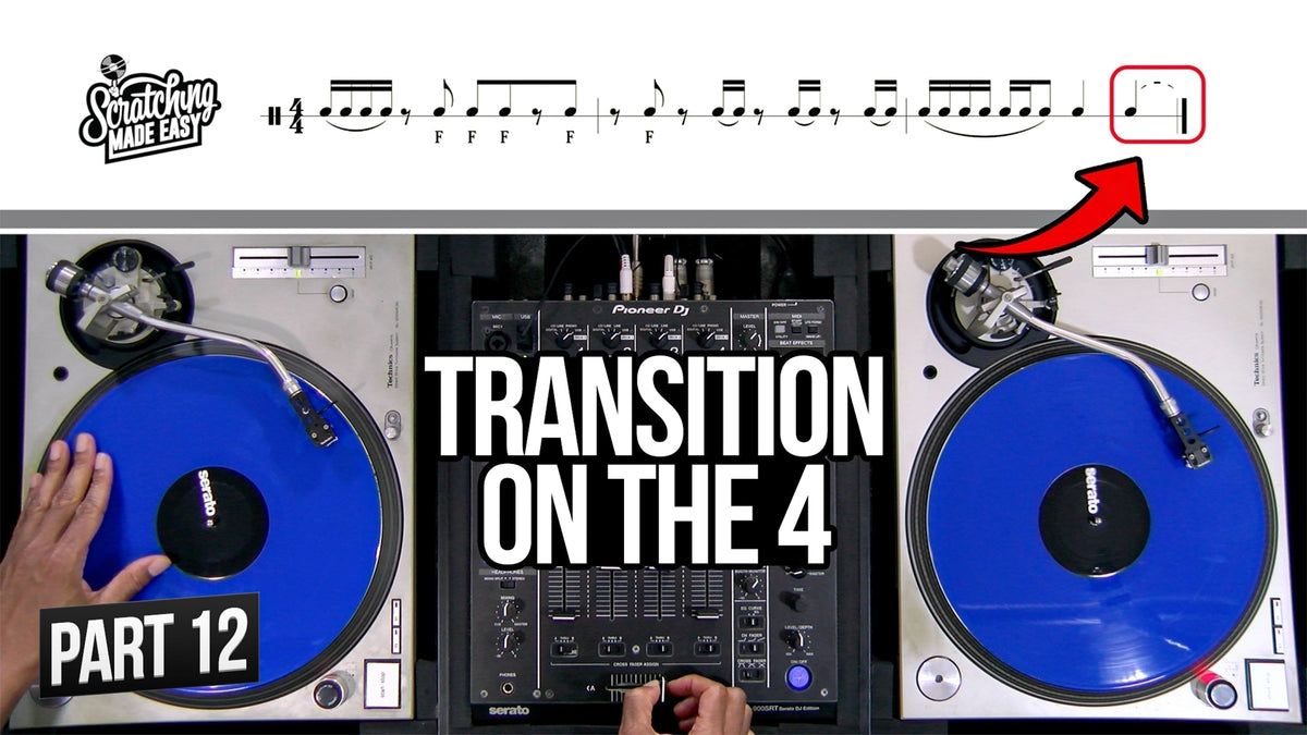 Scratch notation system using standard musical notation, with mixed rhythmic notation ending with a quarter note above a turntable and mixer and an arrow pointing from the DJ setup to the written rhythm