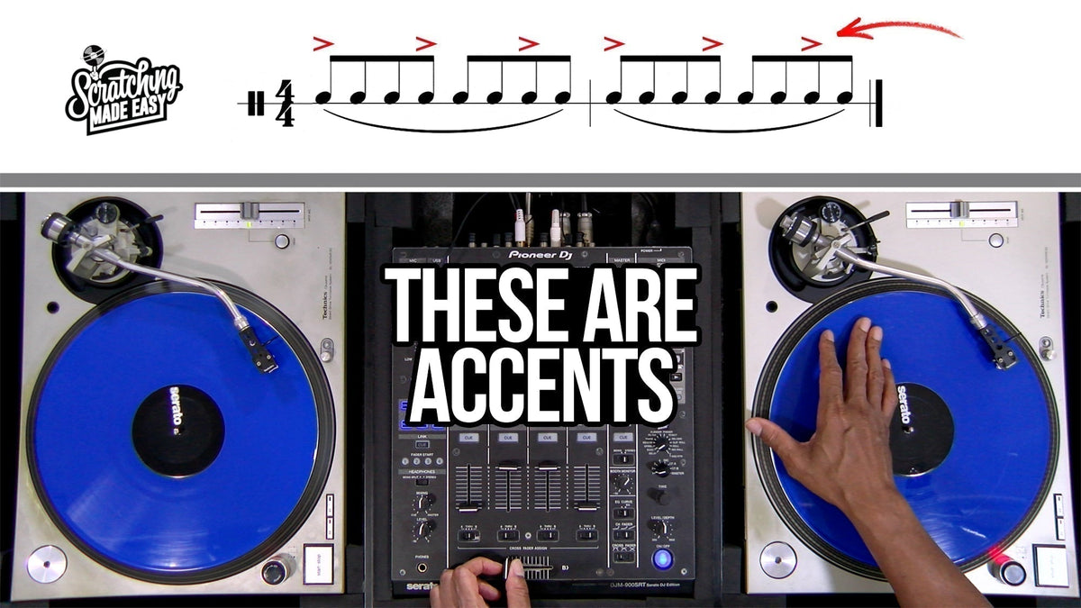 Scratch notation system using standard musical notation for the Baby Scratch, performed on a turntable and mixer beneath accented rhythmic notation, with an arrow pointing from the DJ setup to the written rhythm.