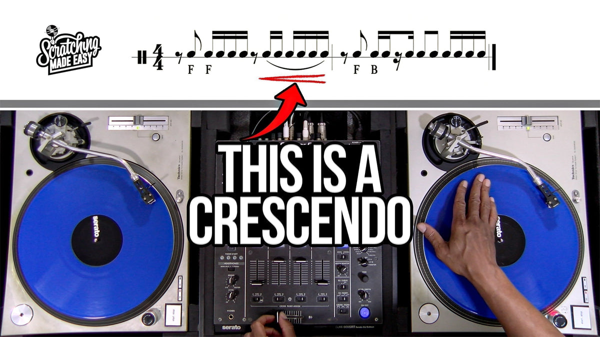 Scratch notation system using standard musical notation, with a crescendo marking above a turntable and mixer and an arrow pointing from the DJ setup to the written rhythm