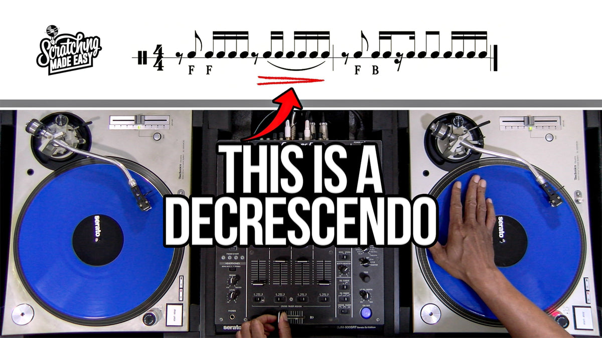 Scratch notation system using standard musical notation, with mixed rhythmic notation and a decrescendo marking above a turntable and mixer and an arrow pointing from the DJ setup to the written rhythm