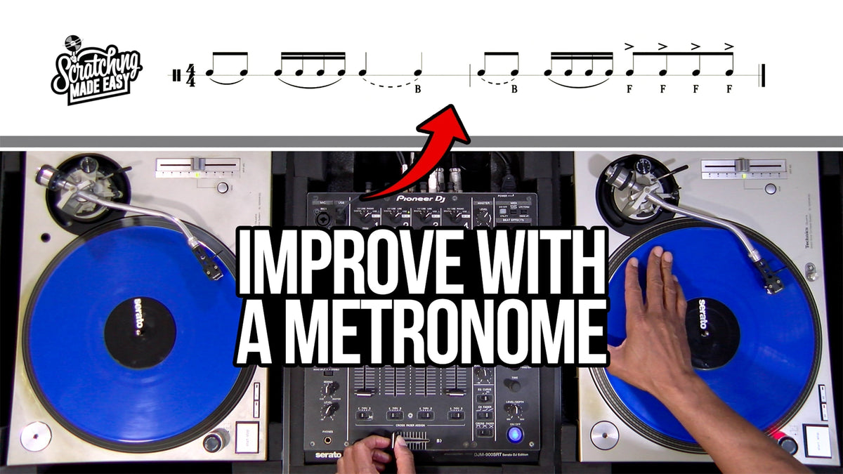 Scratch notation system using standard musical notation for Baby Scratch, drop, and stab techniques, performed on a turntable and mixer beneath mixed rhythmic notation with accented notes, with an arrow pointing from the DJ setup to the written rhythm.