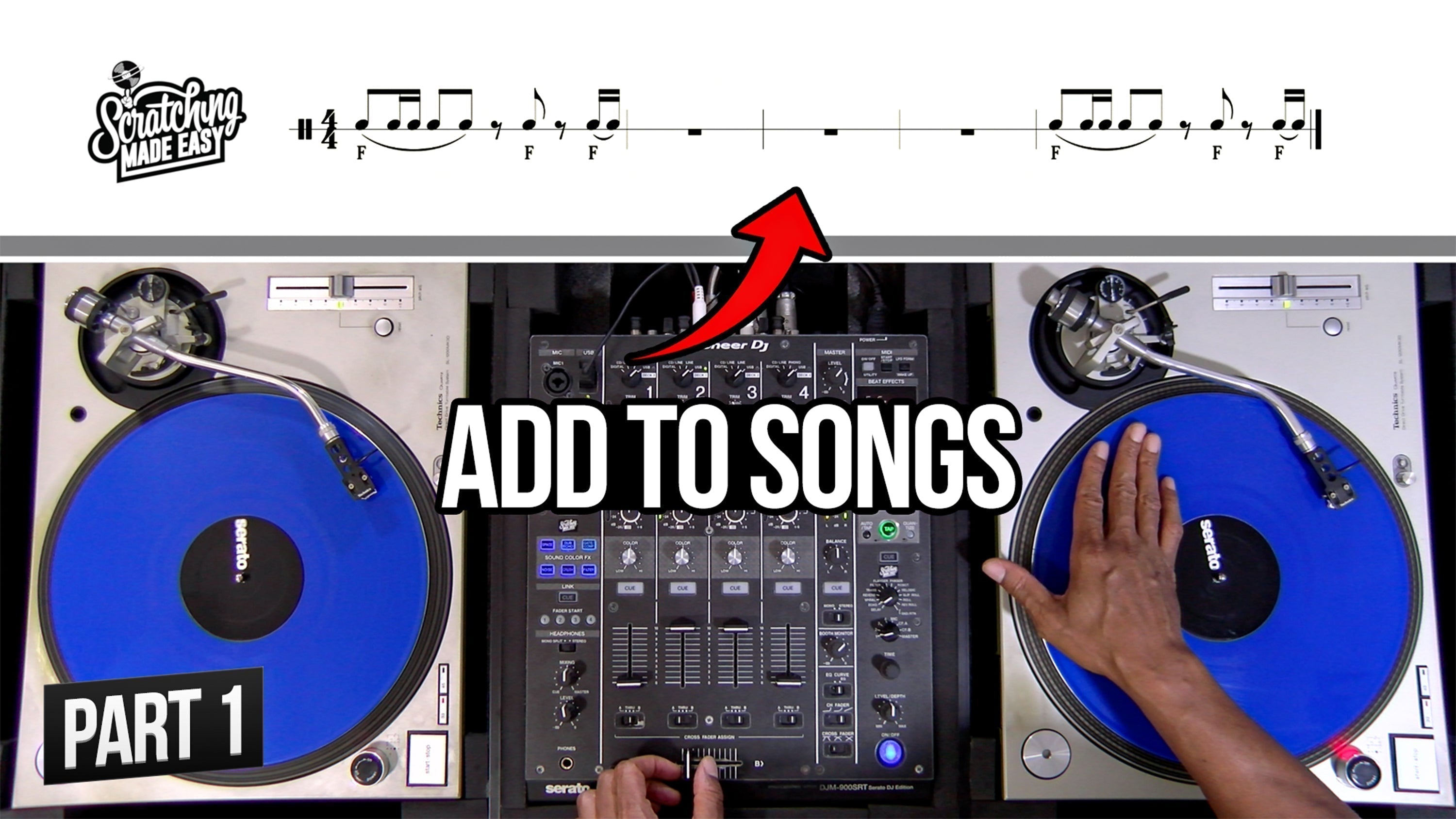 Scratch notation system using standard musical notation, with mixed rhythmic notation above a turntable and mixer and an arrow pointing from the DJ setup to the written rhythm