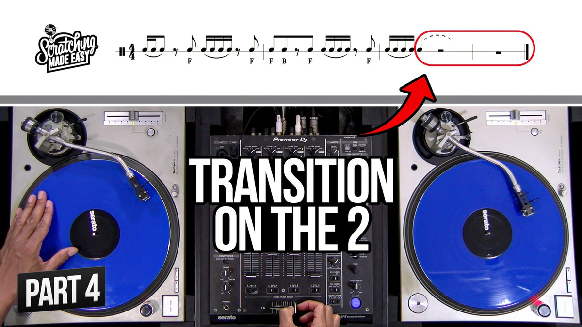 Scratch notation system using standard musical notation for the Baby Scratch and Stab, with mixed rhythmic notation above a turntable and mixer and an arrow pointing to the written rhythm